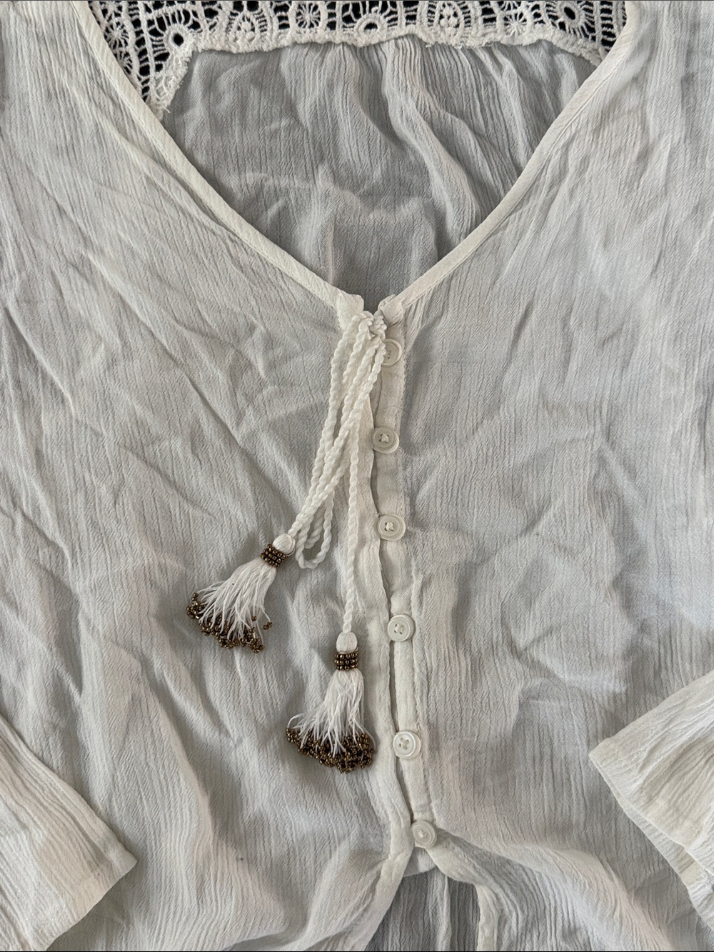 Band of Gypsies Boho Lace-Panel White Peasant Blouse - Picture 3 of 5